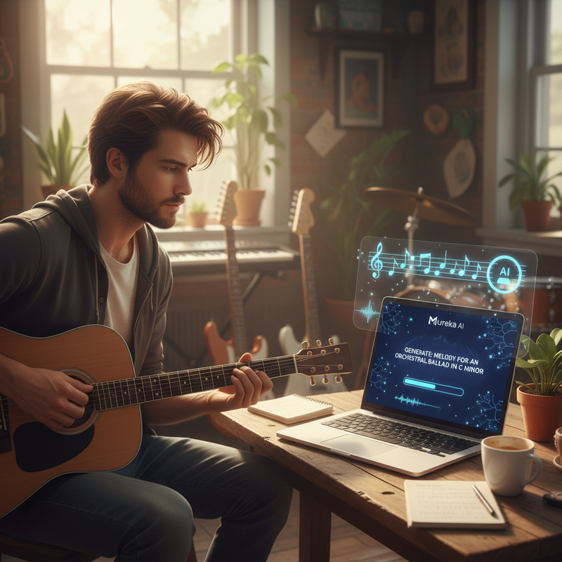 Musician finding inspiration with Mureka AI on his laptop