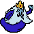 A gif of Ice King from Adventure Time floating up and down. He is seen scowling with his fist up in the air. His beard is helping him float.