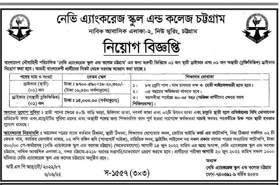 Bangladesh Navy School and College, Chittagong Job Circular 2022