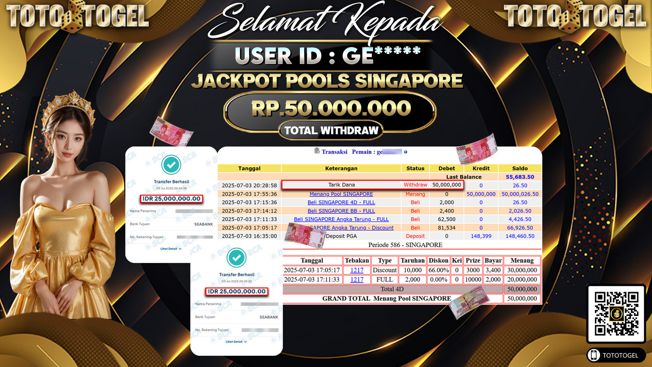 Bukti Pembayaran Jackpot Permainan Togel Pools Singapore ID:GE***** LUNAS