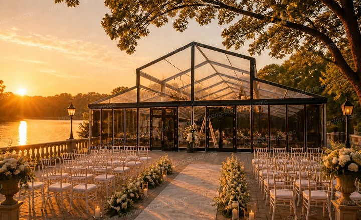 Lingtong atrium wedding tent on hotel rooftop terrace with panoramic city views