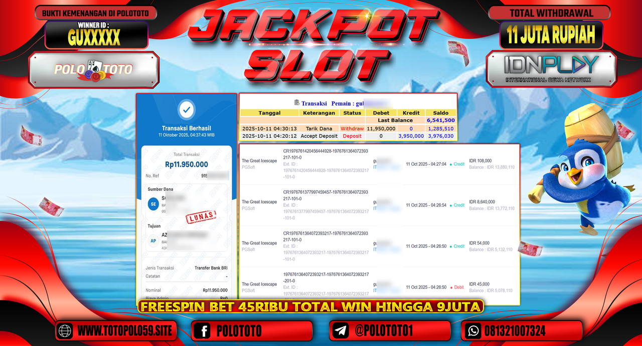 POLOTOTO JACKPOT SLOT THE GREAT ICESCAPE Rp.11.950.000,- LUNAS