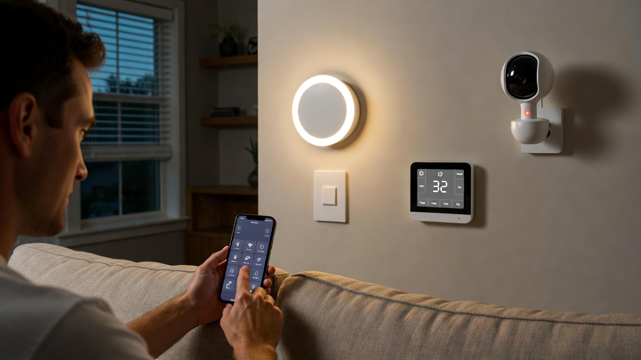 Person using a smartphone to control smart home lights, thermostat and security camera from a living room couch