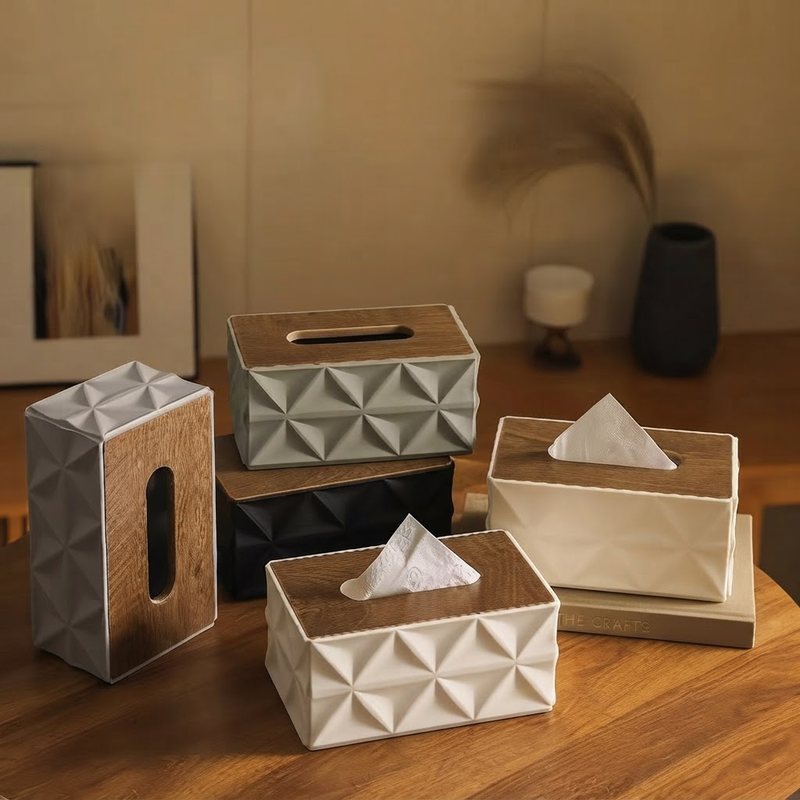 Texture Tissue Box With Wooden Lid