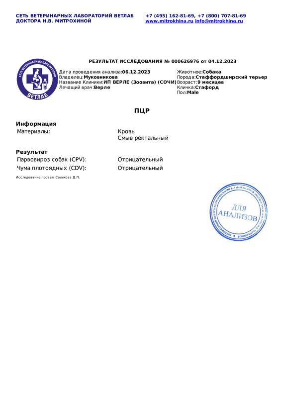 Результат анализа - (ПЦР) (Диагностическое исследование 000626976 от 04.12.2023 16 36 35)