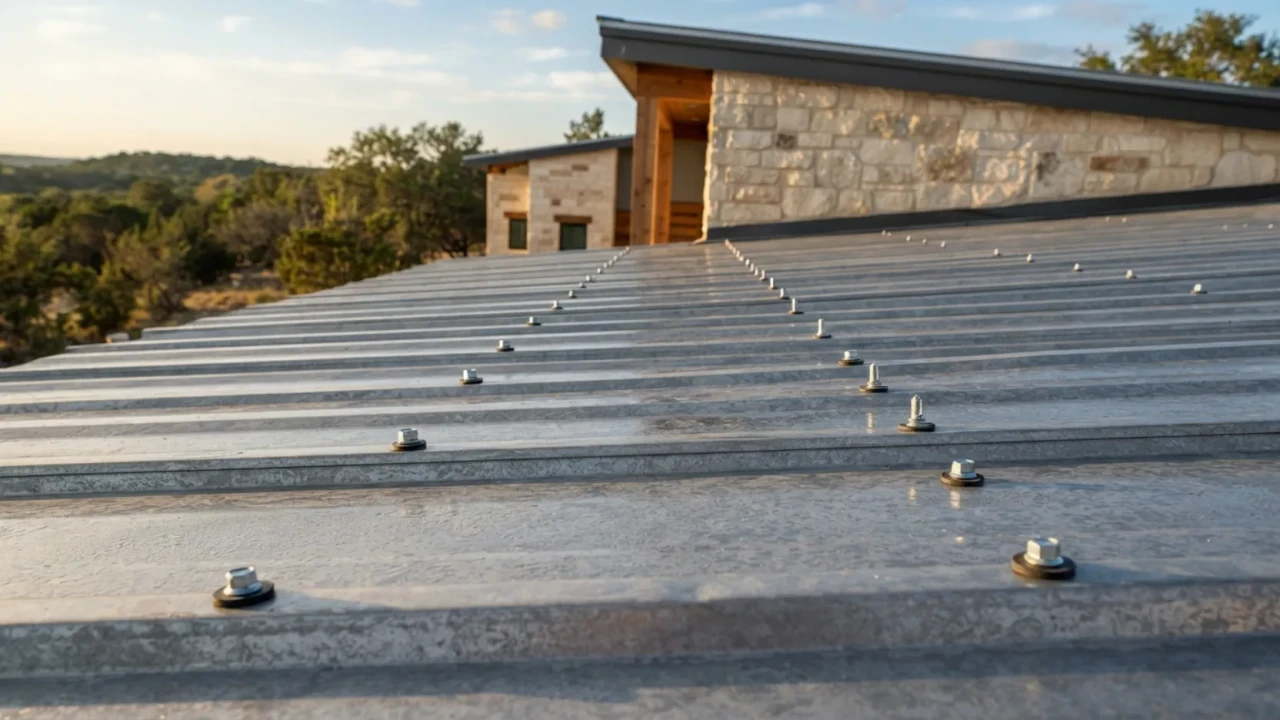Corrugated metal roofing panels on a Texas home showing exposed fastener installation