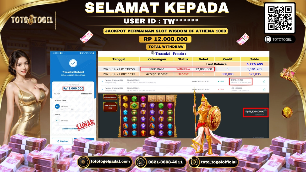 Bukti Pembayaran Jackpot  Permainan Slot Wisdom Of Athena 1000 ID:TW***** LUNAS