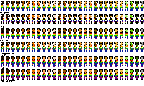 a row of people with pride flag shirts and black hair