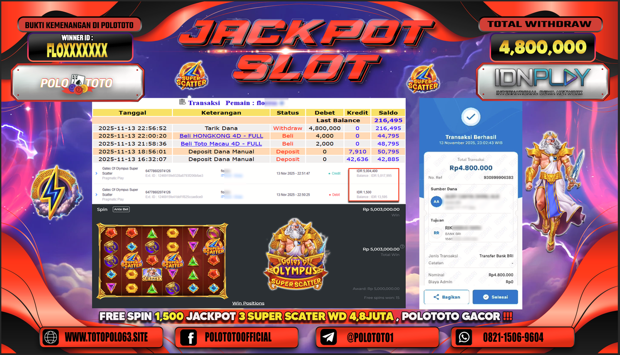 POLOTOTO JACKPOT SLOT GATES OF OLYMPUS SUPER SCATTER Rp.4.800.000,- LUNAS