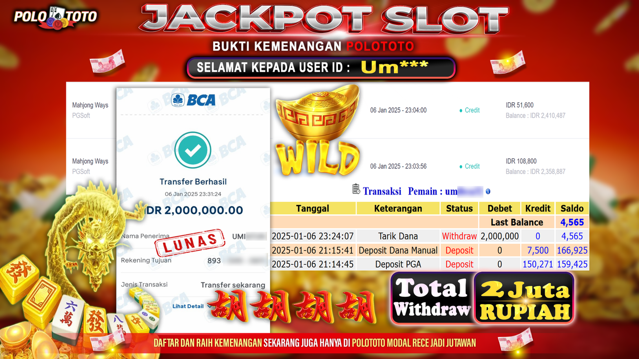 POLOTOTO JACKPOT SLOT MAHJONG WAYS Rp.2,000.000,-