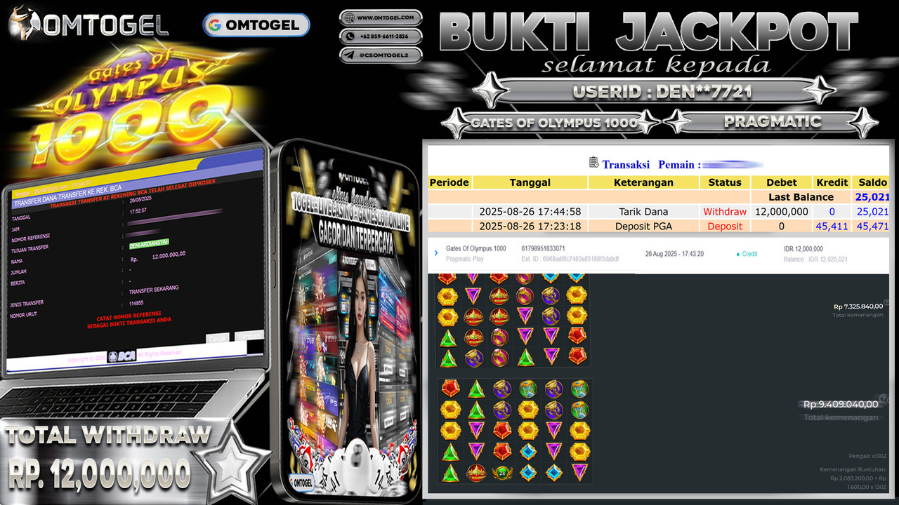 OMTOGEL JACKPOT PRAGMATIC PLAY GATES OF OLYMPUS 1000 12 JUTA DI BAYAR LUNAS ,-
