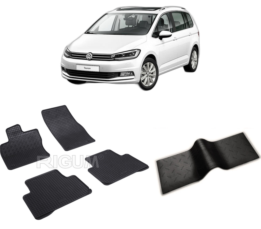 Set covorase auto VOLKSWAGEN TOURAN II din 09.2015-PREZENT, cu covoras tunel median, CAROSERIE VAN, Presuri cauciuc 100%, compatibil cu autoturismul VOLKSWAGEN TOURAN II, Rigum