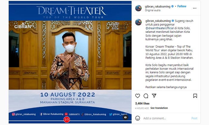 Wali Kota Solo, Gibran Rakabuming, menyambut para penggemar Dream Teather melalui unggahan akun Instagramnya, Rabu (10/8/2022).