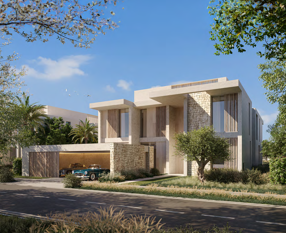 Luxury exterior architectural rendering of The Acres Estates villa community by Meraas in Dubailand featuring modern design, greenery, water features, and premium family living environment – Distress Deal opportunity in The Acres Estates Dubai