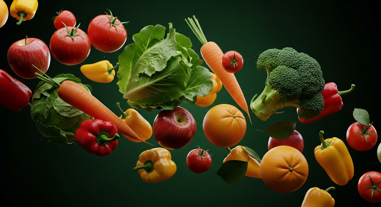 Fresh organic groceries on a dark green background