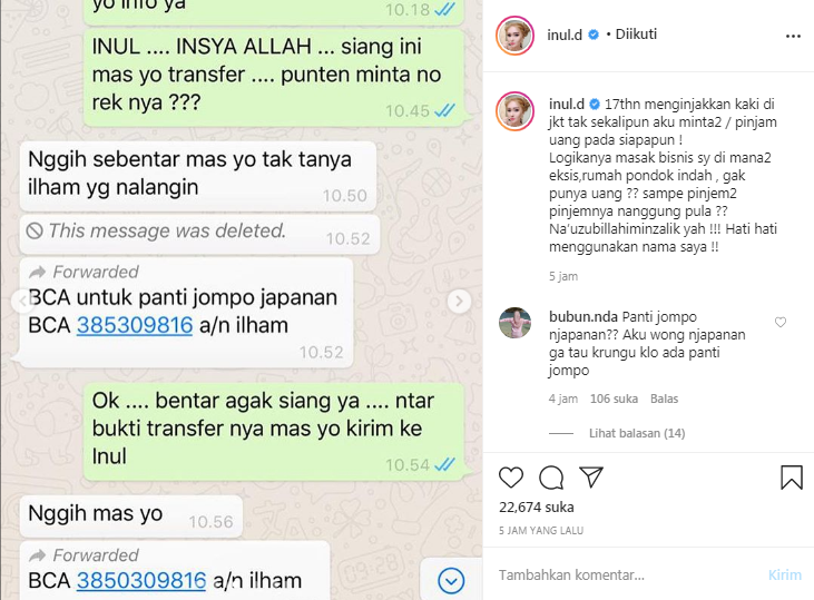 Inul Daratista membeberkan bukti tangkapan layar penipuan yang mengatasnamakan dirinya