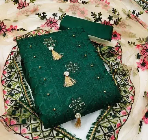 Women's Green Floral Embroidered Cotton Suits & Dress Materials (R116)