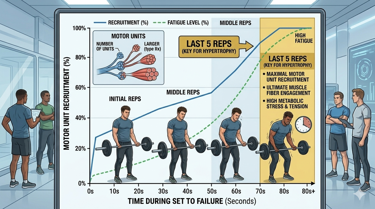 Scientific graph showing motor unit recruitment over time during a set to failure highlighting last 5 reps as key for hypertrophy and time under tension