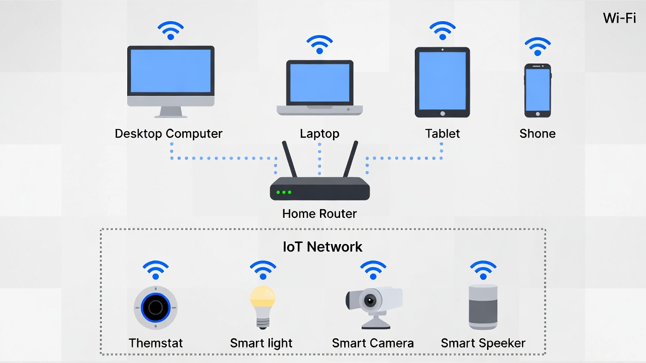 Home network diagram showing IoT devices isolated on a separate Wi-Fi network from computers and phones