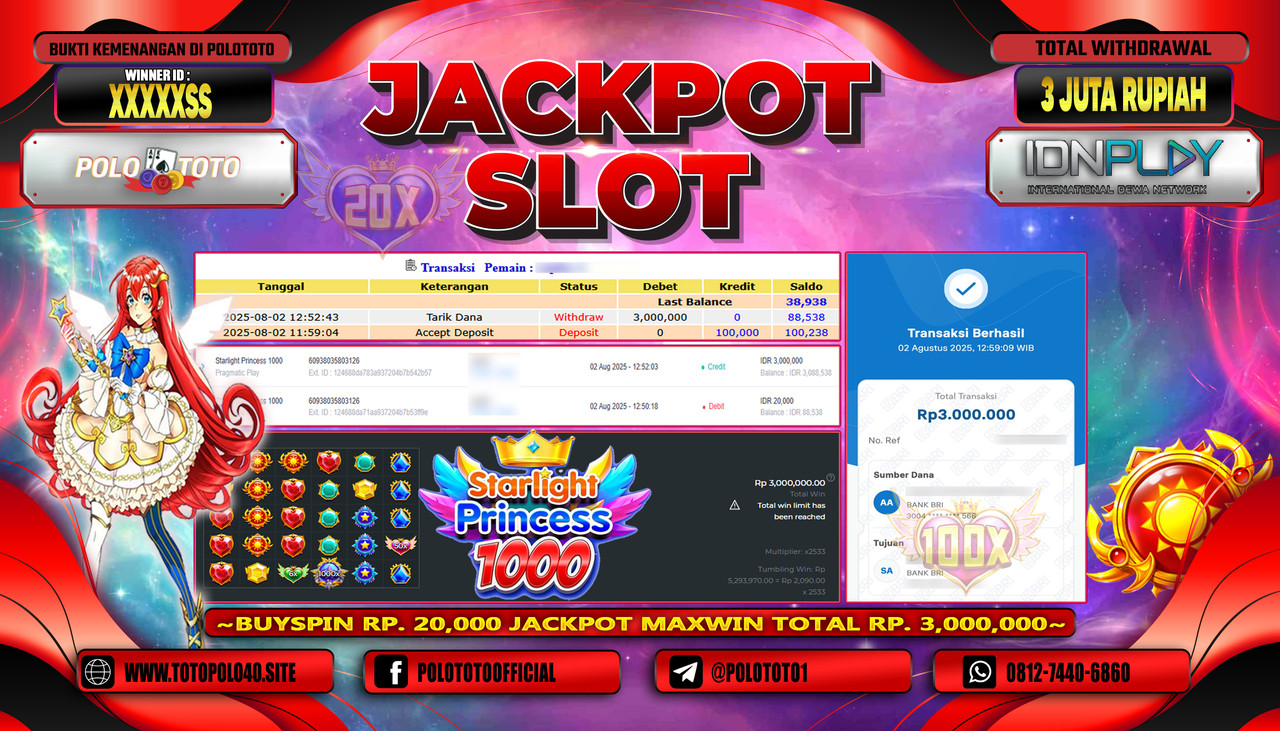 POLOTOTO JACKPOT SLOT STARLIGHT PRINCESS 1000 Rp.3.000.000,-LUNAS
