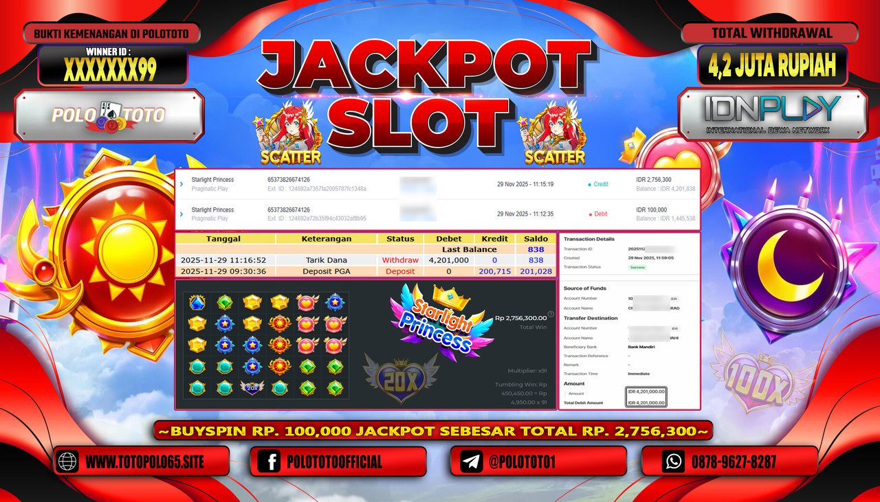 POLOTOTO JACKPOT SLOT STARLIGHT PRINCESS Rp.4.200.000,- LUNAS