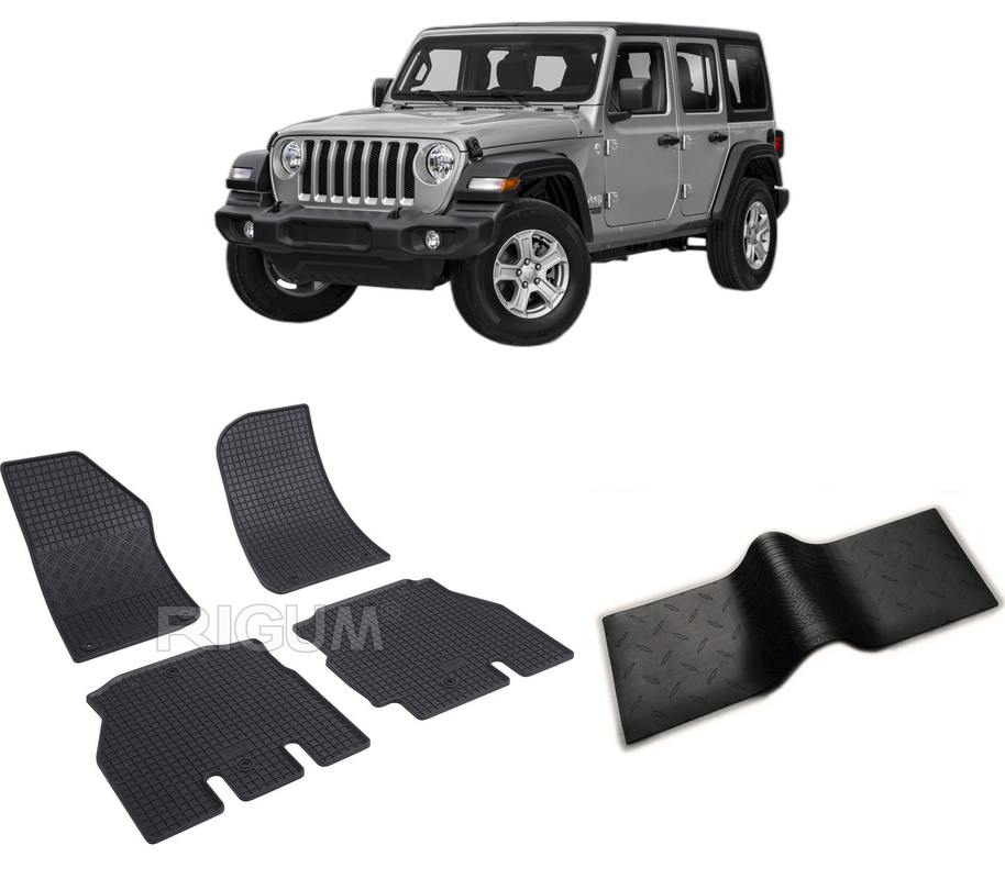 Set covorase auto JEEP WRANGLER din 05.2018-PREZENT, cu covoras tunel median, CAROSERIE SUV 5 USI, Presuri cauciuc 100%, compatibil cu autoturismul JEEP WRANGLER, Rigum