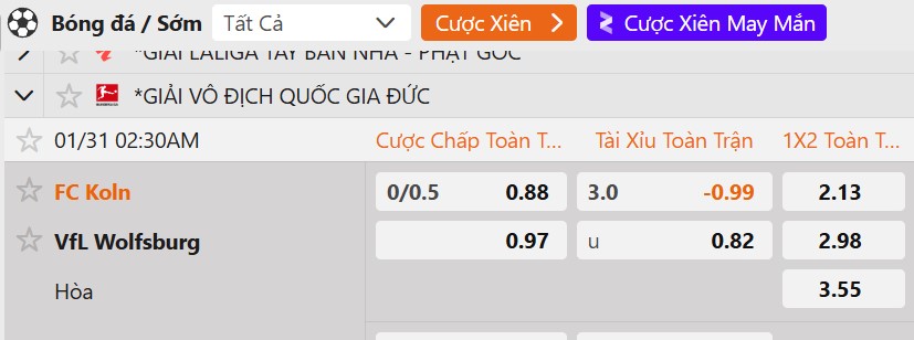 Tỷ lệ kèo Koln vs Wolfsburg