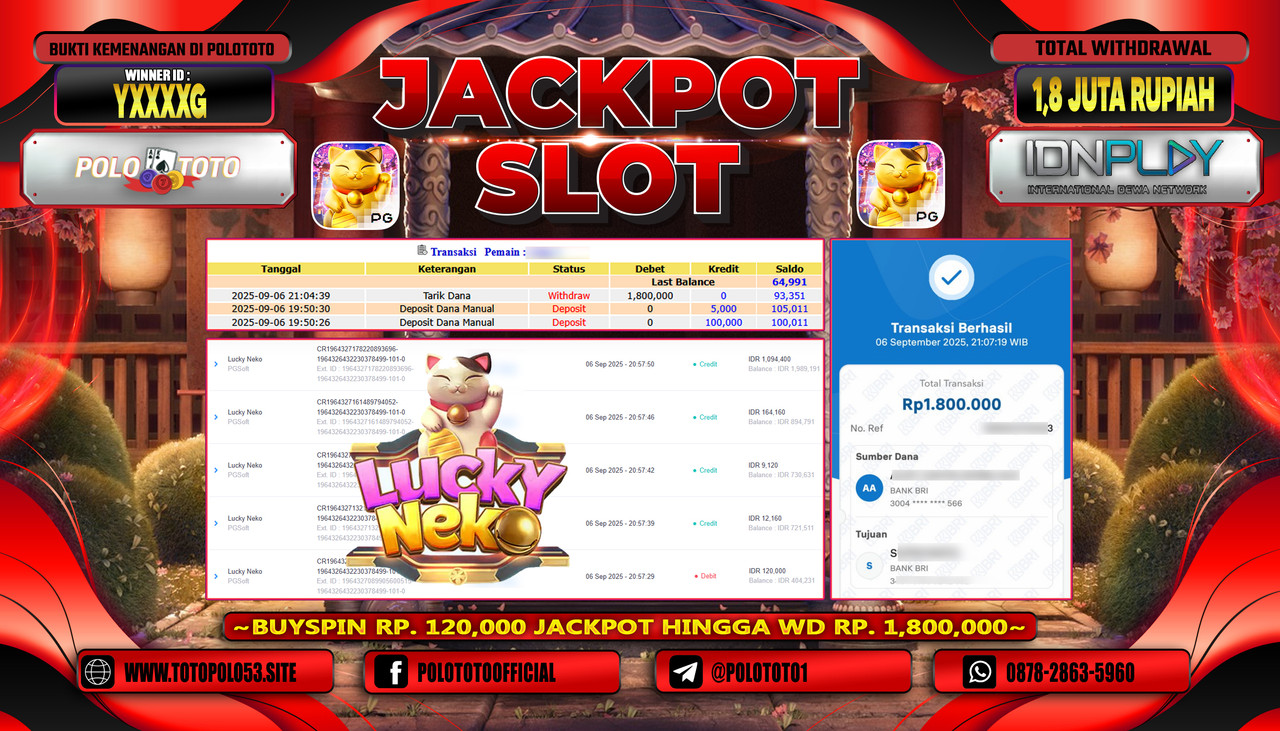 POLOTOTO JACKPOT SLOT LUCKY NEKO Rp.1.800.000,- LUNAS