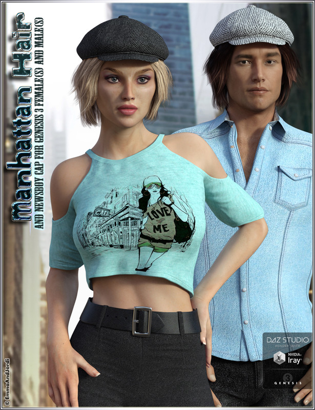 Manhattan Hair and Newsboy Cap for Genesis 3 Female(s) and Male(s)