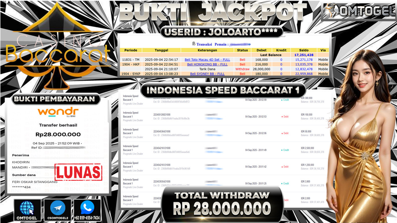 OMTOGEL JACKPOT PRAGMATIC CASINO INDONESIA SPEED BACCARAT 1 28 JUTA DI BAYAR LUNAS ,-