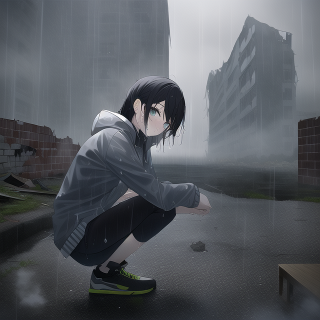 Best quality, masterpiece, small breasts, dramatic angle, wet clothes, gray hood s-1315446006