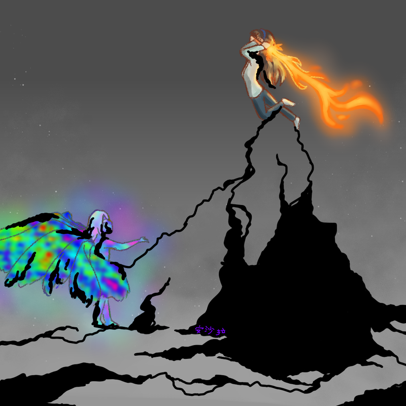 A digital drawing of Dia in combat with the Corrupted Angel. She is leaping toward the Angel, preparing to strike it with a broadsword made of her fire. The Angel, a multicolored being with long pale hair and 10 wings, reaches out a hand toward Dia. A mountain of Corruption, leaking from the Angel, reaches toward Dia in midair