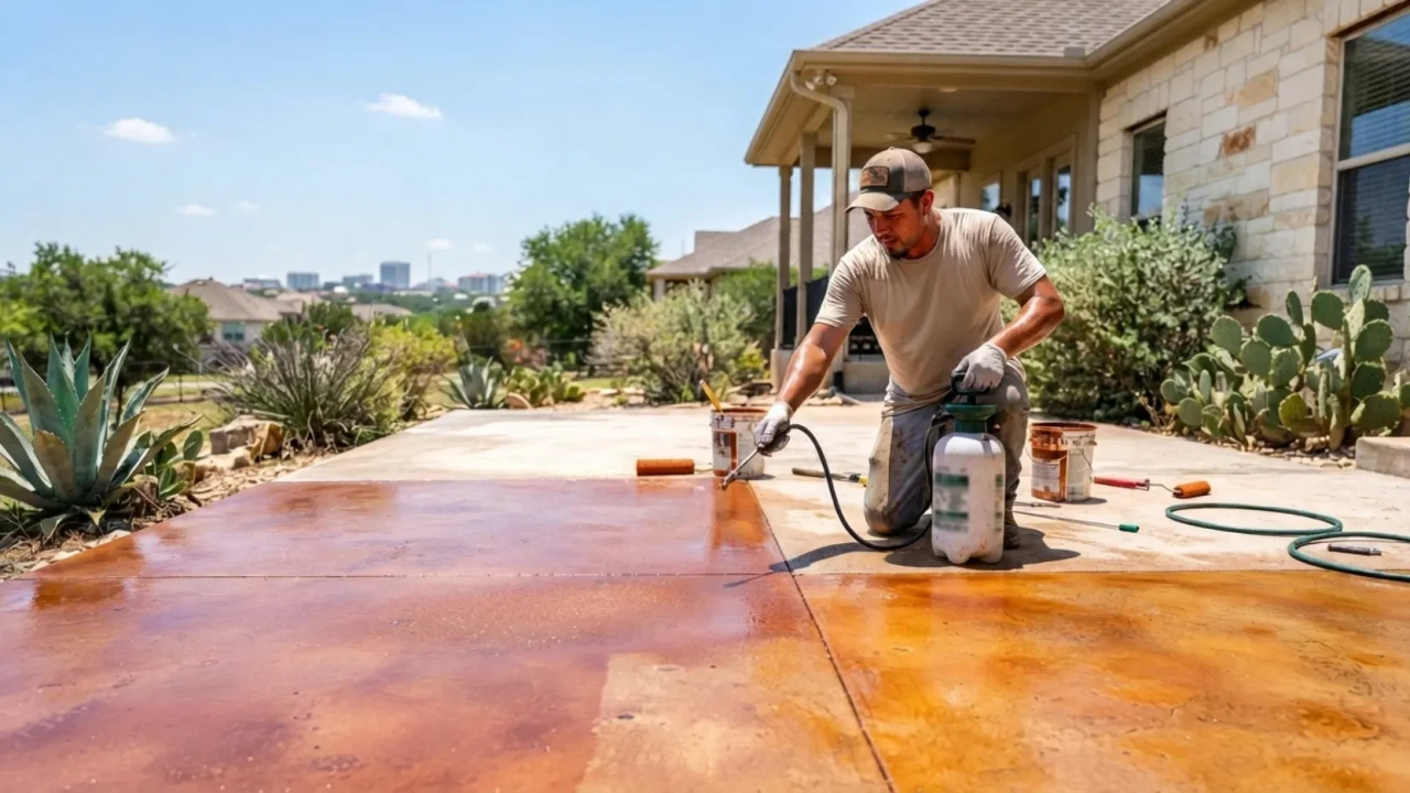 Stained concrete installation timing San Antonio summer heat
