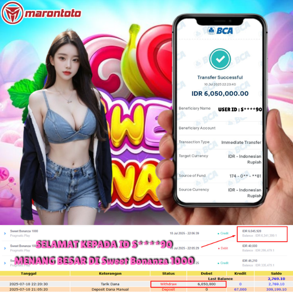 Bukti Kemenangan Member Marontoto Sebesar 6,050,000 JuTa