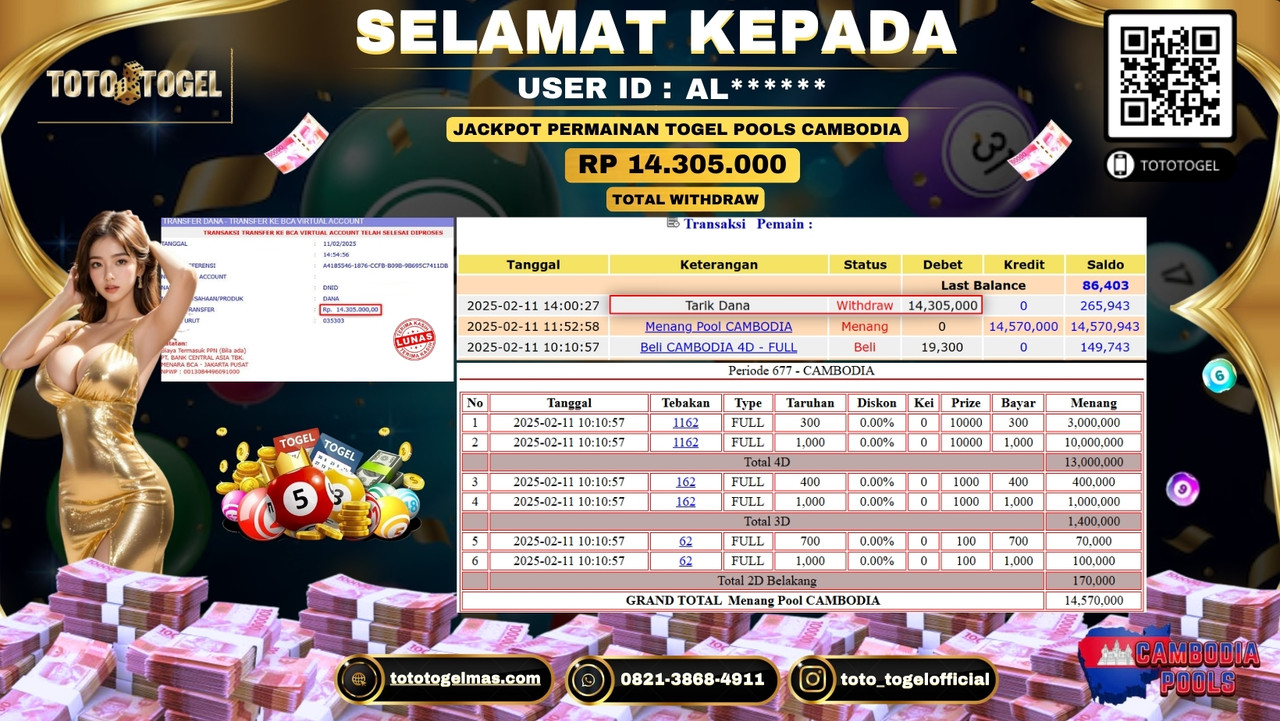 Bukti Pembayaran Jackpot  Permainan Togel Pools Cambodia  ID:AL*****  LUNAS