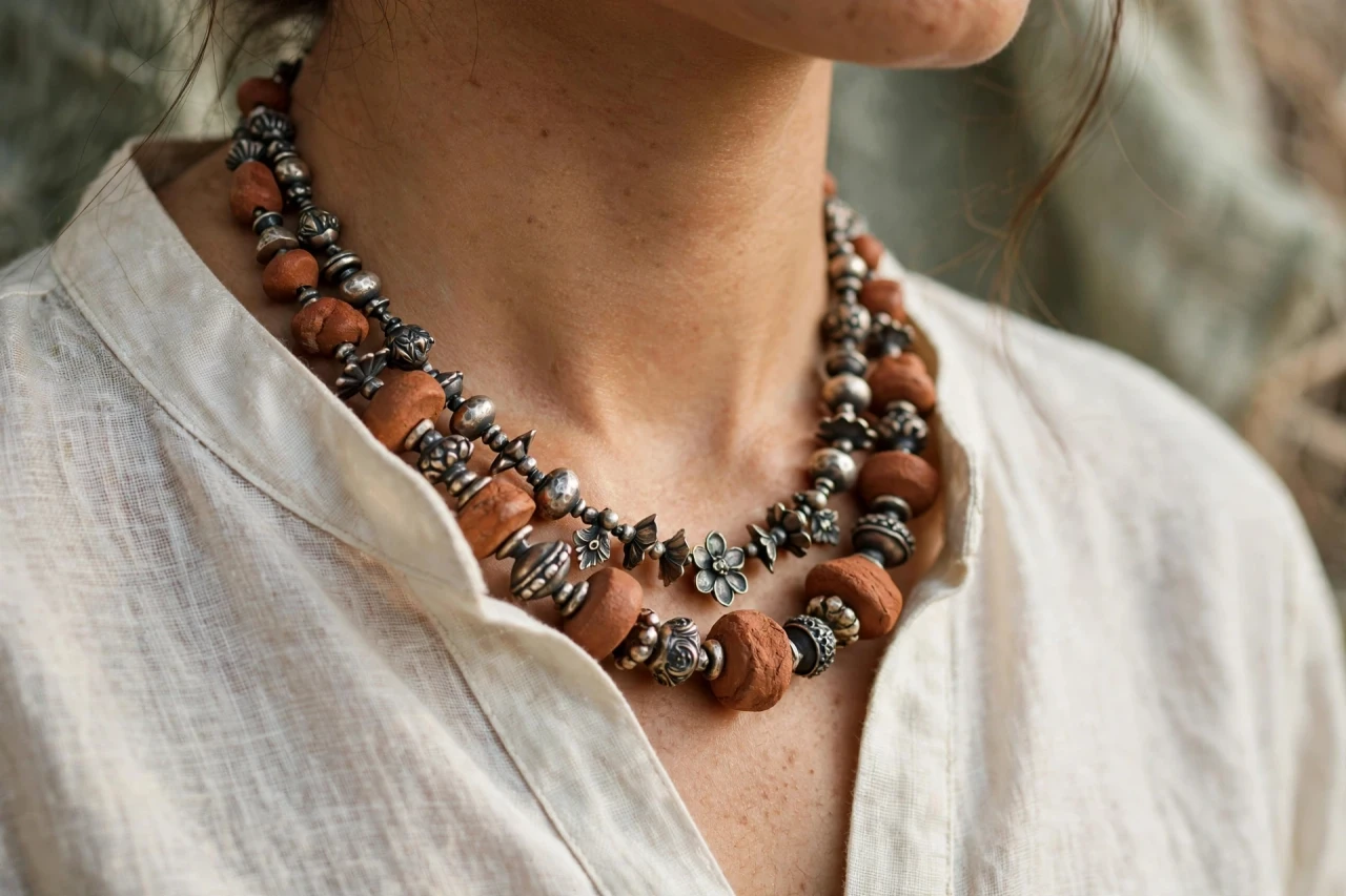 Terracotta and Silver Artisan Necklace