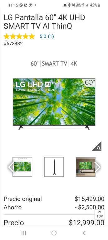 Costco: LG Pantalla 60 4K UHD SMART TV AI ThinQ con TDC Citi-costco 