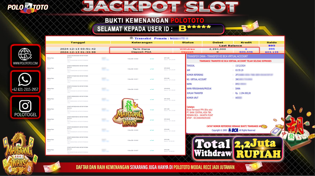POLOTOTO JACKPOT SLOT MAHJONG WAYS Rp.2,200.000,-