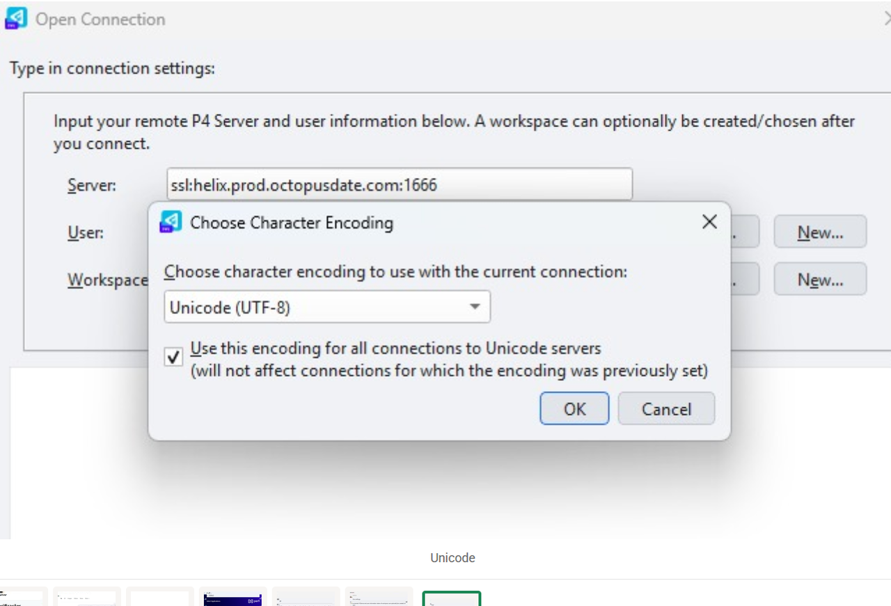 Janela de Character Encoding do P4V com a opção UTF-8 selecionada