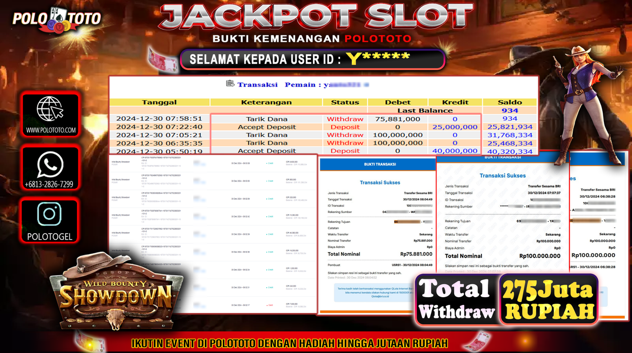 POLOTOTO JACKPOT SLOT WILD BOUNTY SHOWDOWN Rp.275,000.000,-