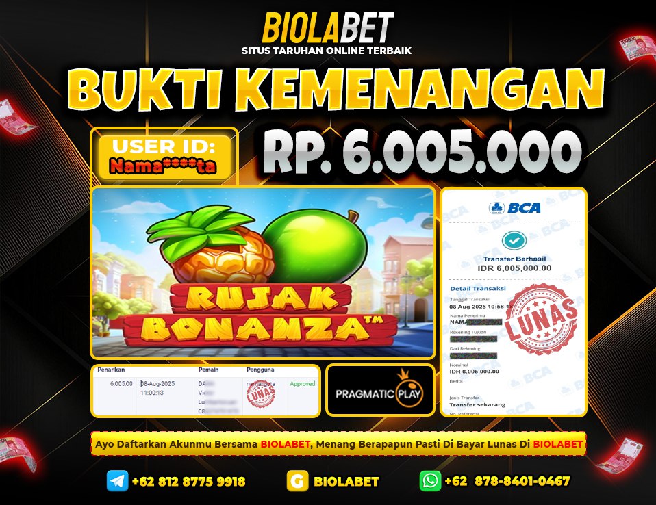 BIOLABET JACKPOT Pragmatic Play  Rp.6.005.000.,- LUNAS
