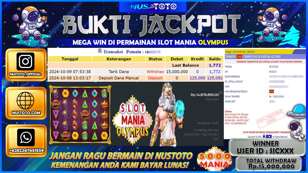 JACKPOT !! MENANG BESAR DI SLOT MANIA OLYMPUS Rp. 15.000.000 LANGSUNGaDI BAYAR LUNAS NUSTOTO !!