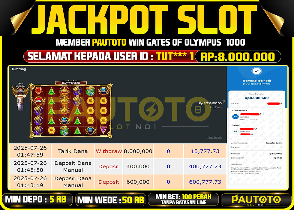BUKTI PEMBAYARAN TGL 25 JULY 2025 MENANG DI PERMAINAN GATES OF OLYMPUS 1000 TOTAL WD 8 JUTA