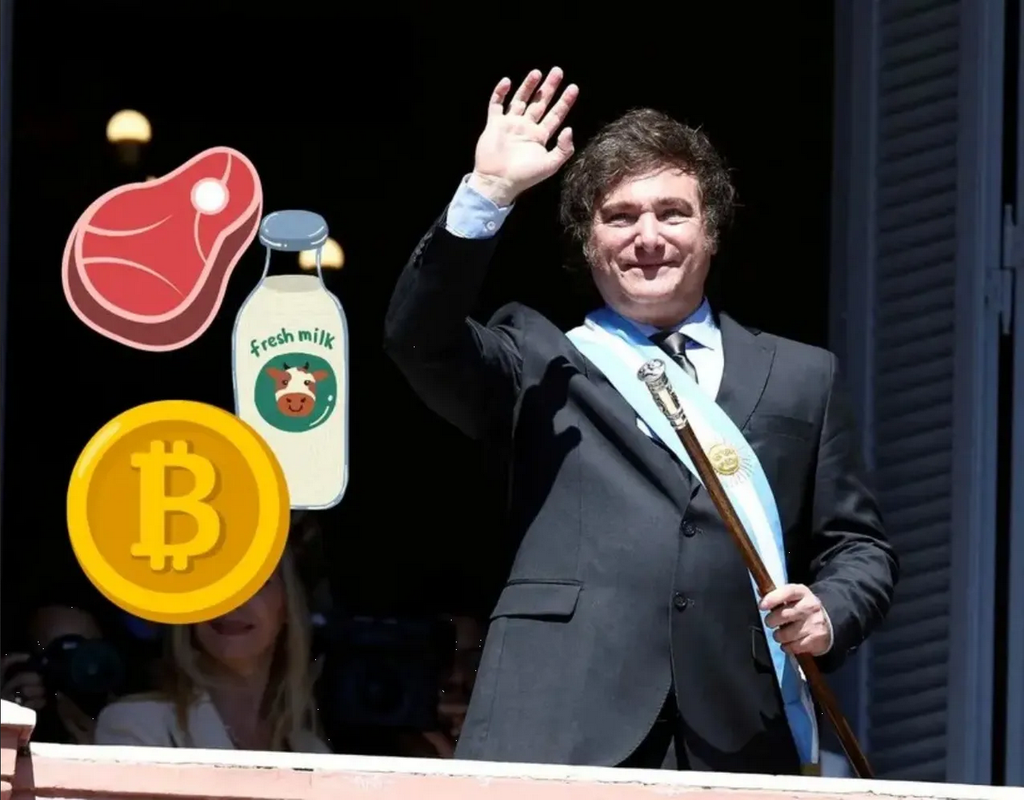 Milei propone pagar sueldos con Bitcoin, carne o leche en Argentina