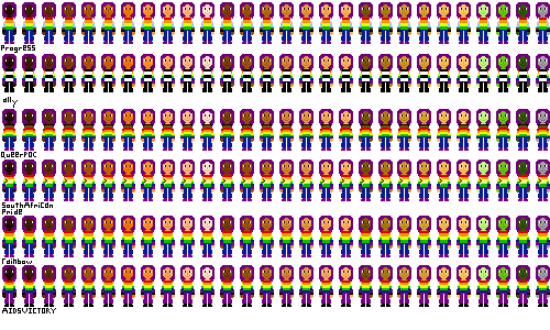 a row of people with pride flag shirts and dark magenta hair