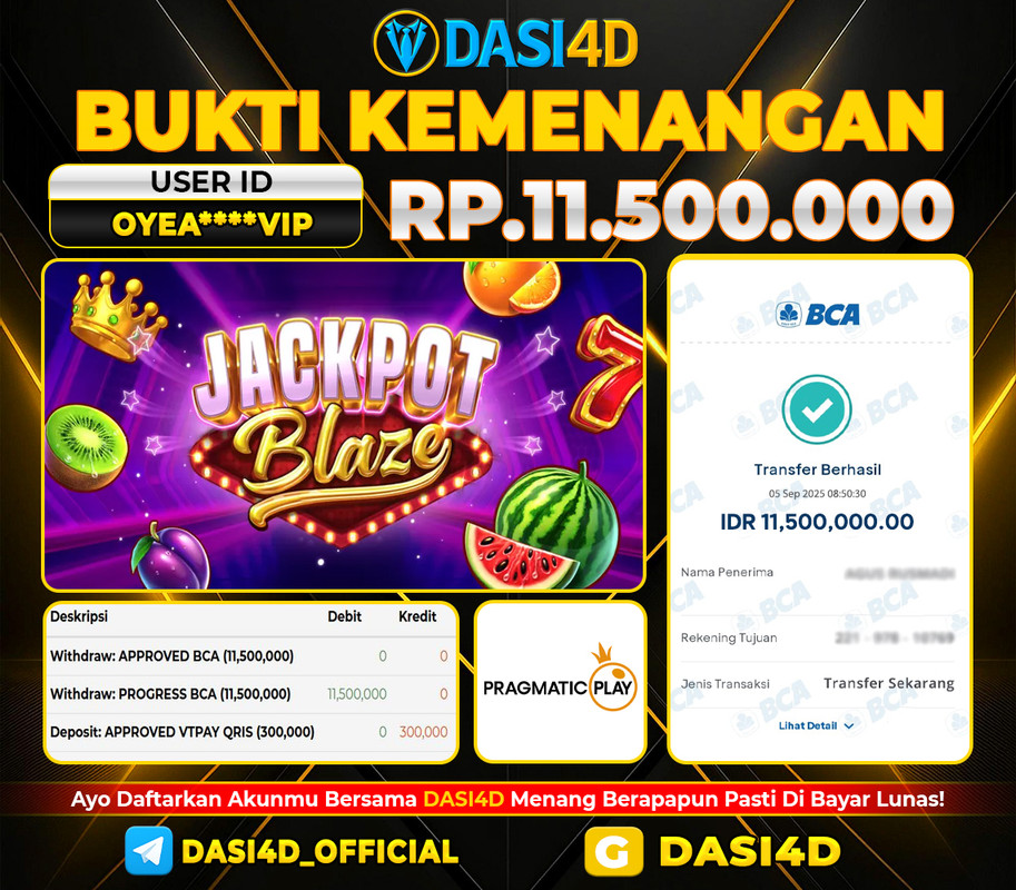 BUKTI KEMENANGAN 05 SEPTEMBER  2025 DI JACKPOT BLAZE  RP 11.500.000