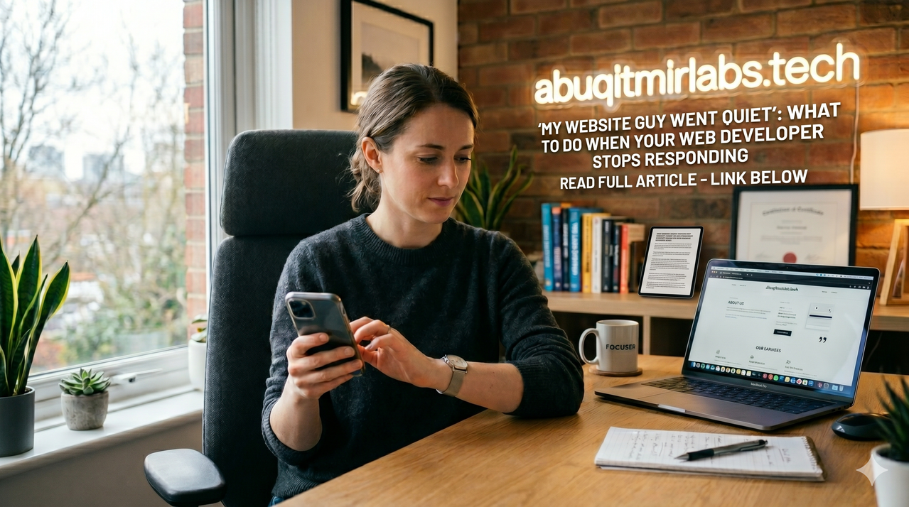 A business owner sitting at a desk looking at a phone with an unanswered message thread