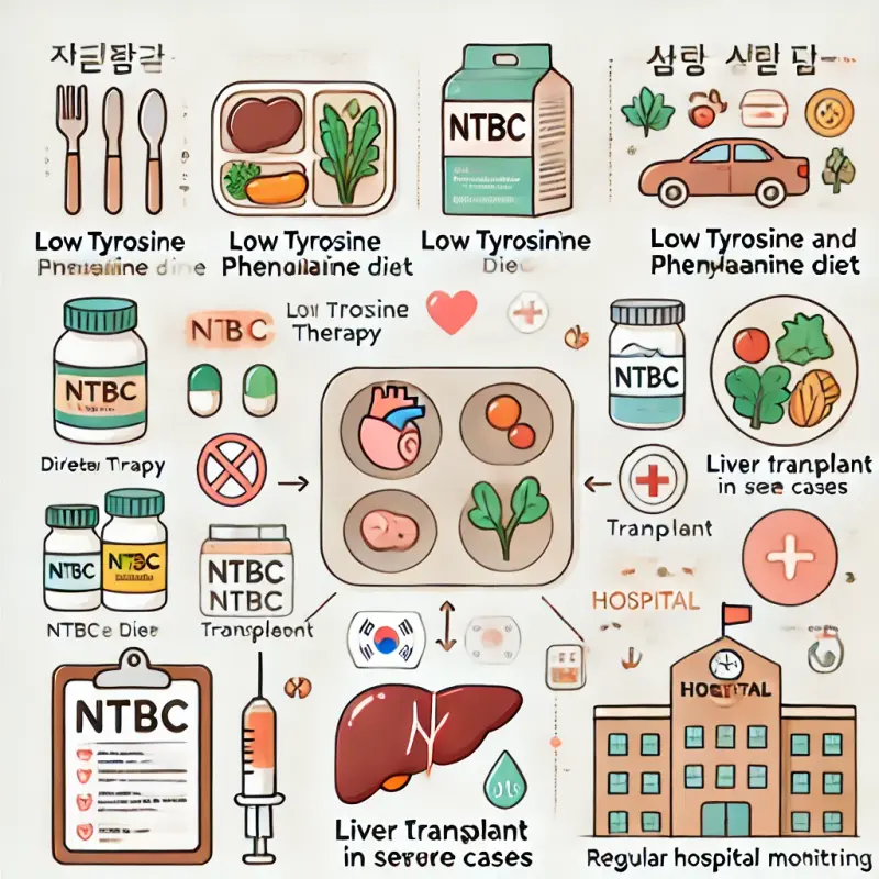 티로신혈증 치료법 인포그래픽 - 식이조절, 약물요법, 간이식 요약