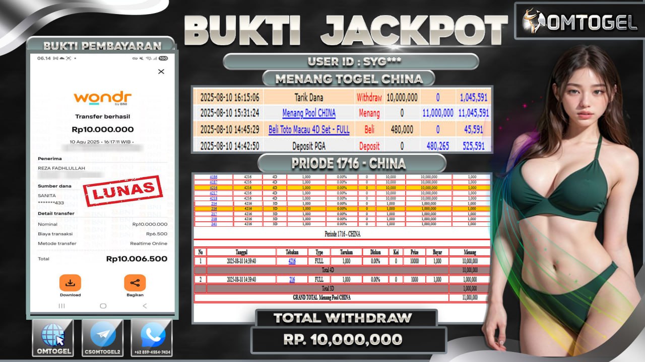 OMTOGEL JACKPOT CHINA 4D 3D 10 JUTA DI BAYAR LUNAS ,-