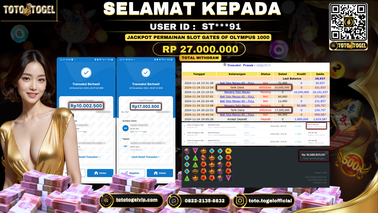 Bukti Pembayaran Jackpot Permainan Slot Gates Of Olympus 1000  ID: ST***91 LUNAS 